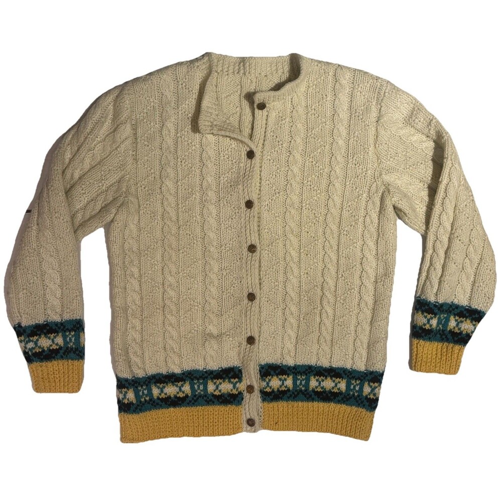 VTG 70s Handmade Cable Knit Cardigan Fair Isle Chunky Granny core Unisex M/L